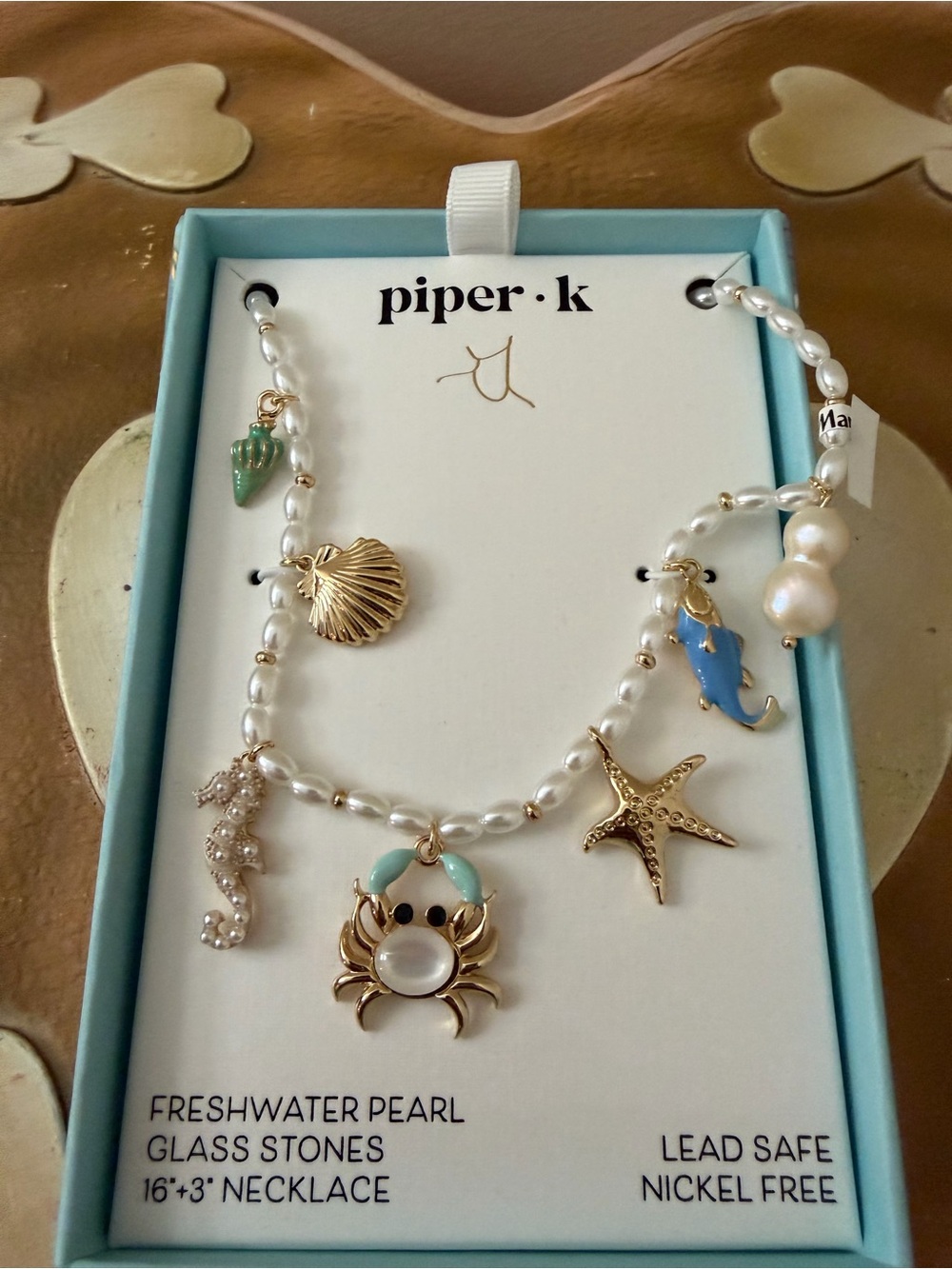 Piper K Freshwater Pearl & Glass Stones Charm Necklace with Crab, Seahorse
